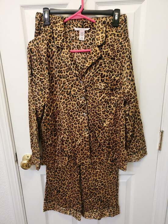 Victoria's Secret Other - Victoria's Secret Leopard Print Satin Long Sleeve Button-Down Pajama Set